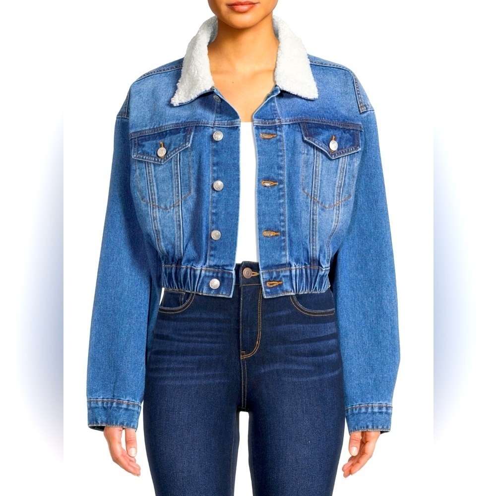Madden NYC Blue Denim‎ Jean Cropped Jacket Sherpa Collar Womens L Preppy Y2K